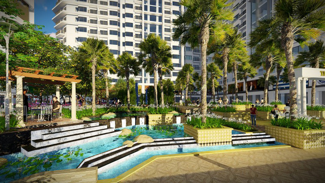 Sân vườn cảnh quan tại dự án căn hộ nghỉ dưỡng Monarchy Đà Nẵng.