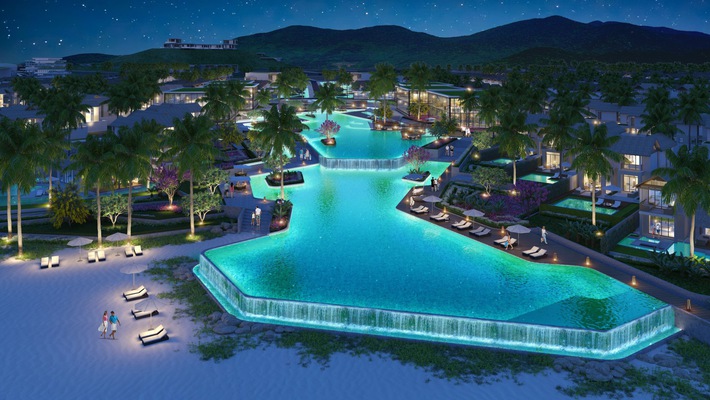Phối cảnh bể bơi tràn bờ trong nội khu dự án Sun Premier Village Kem Beach Resort.