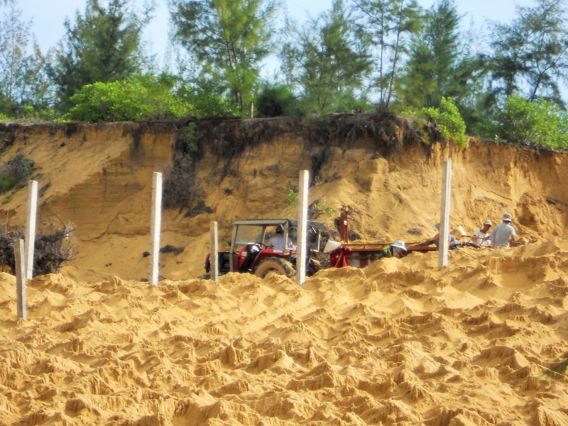 Người dân dùng xe độ chế hốt cát tạo mặt bằng, sau đó trồng trụ bê tông “xí phần” nhiều diện tích đất nằm ven hành lang tỉnh lộ 639.
