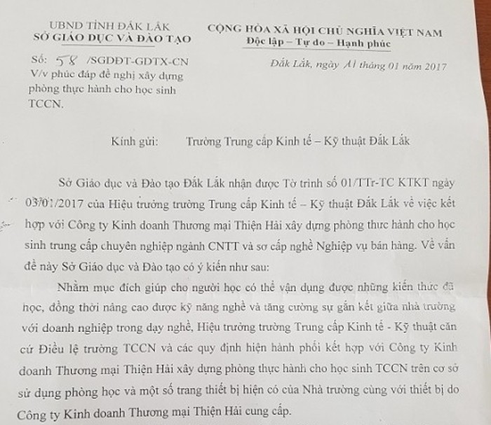 Công văn của Sở Giáo dục và Đào tạo tỉnh Đắk Lắk ký ngày 11/01/2017 V/v phúc đáp đề nghị xây dựng phòng thực hành cho học sinh TCCN.