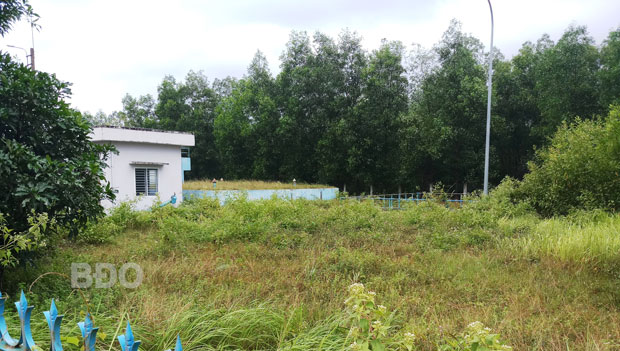 Khuôn viên công trình cấp nước sạch Vân Canh đầy cỏ dại.