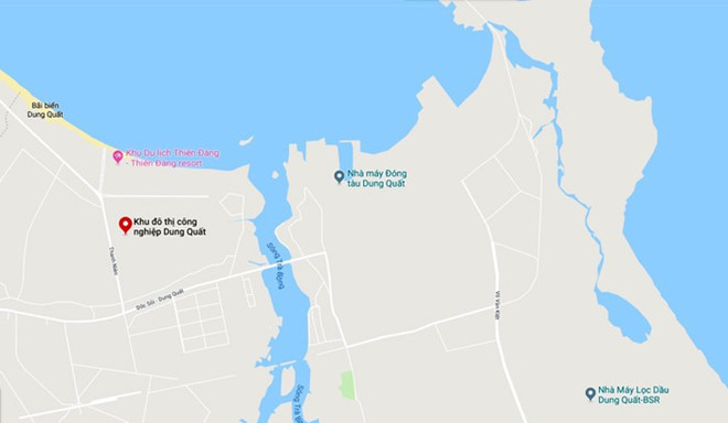 Khu đô thị công nghiệp Dung Quất (điểm đỏ) ở gần Khu du lịch Thiên Đàng (xã Bình Thạnh, huyện Bình Sơn