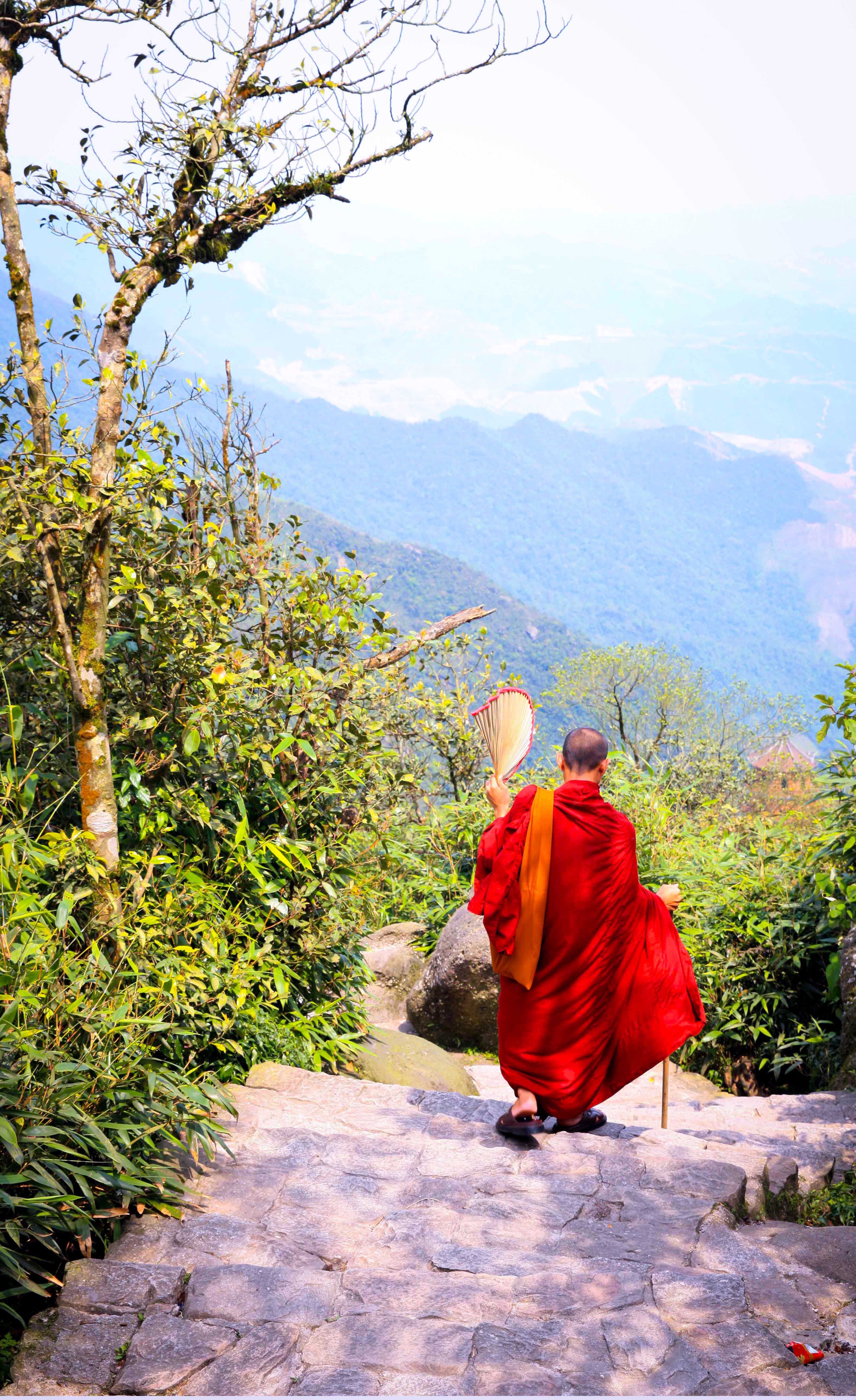 Đường đi bộ từ chân núi lên đến đỉnh Yên quanh co, hiểm trở, đi liên tục theo hàng nghìn bậc đá len lỏi qua các cánh rừng hoang sơ phải mất khoảng 6 giờ liền mới lên được đến nơi. 