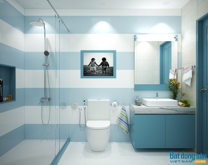 Toilet cũng được thiết kế với gam màu xanh