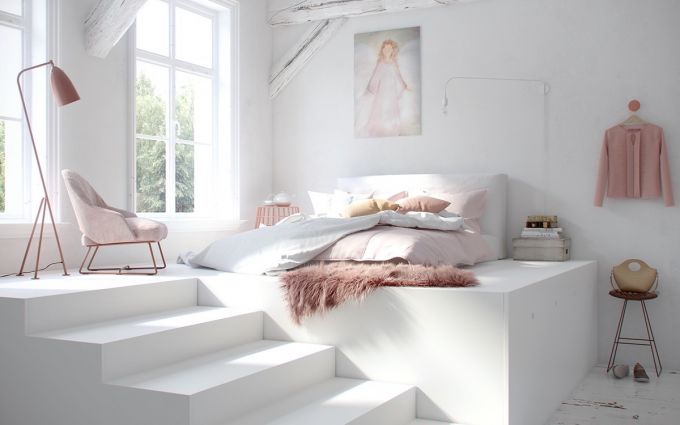Phòng ngủ tông màu trắng kết hợp với màu hồng nhạt