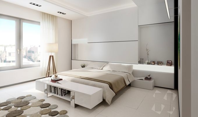 Phòng ngủ đẹp với tông màu trắng, kết hợp các vật trang trí mang cảm hứng hình khối