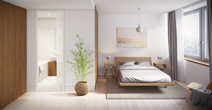 Phòng ngủ này sử dụng tông màu trắng và màu gỗ cổ điển