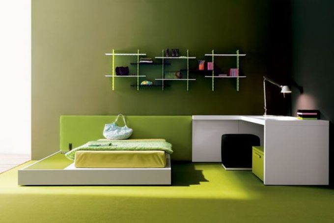 Cũng là màu sắc thiên nhiên trong nội thất phòng ngủ nhưng được thiết kế theo hơi hướng hiện đại