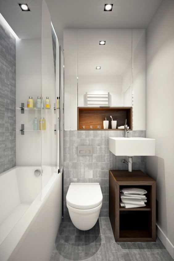 Các ngăn chứ đồ ẩn sau gương hoặc dưới bồn rửa tay cũng là giải pháp tuyệt vời cho nội thất phòng tắm nhà ống