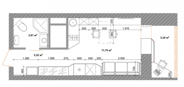 Bản vẽ chi tiết nội thất căn hộ hình ống 30m2 với 4 phòng và 1 lối đi chính