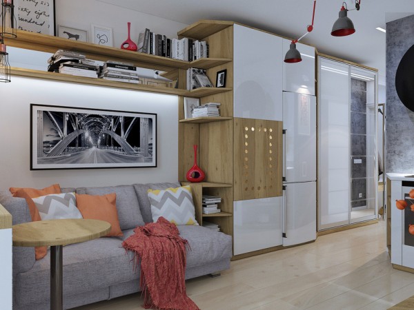 Một nửa căn bếp là phòng khách, không gian sinh hoạt chung với nội thất căn hộ nhà ống khá đơn giản