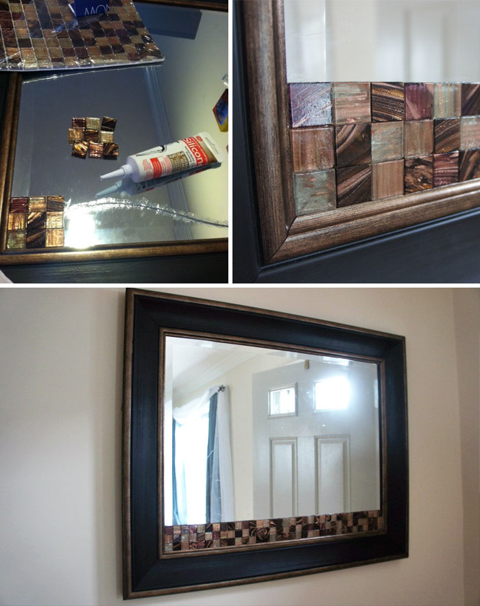 Những mẫu gỗ vuông nhỏ chính là thứ giúp bạn che đi phần gương bị vỡ. Hơn nữa, nhìn tấm gương còn đẹp hơn lúc đầu.