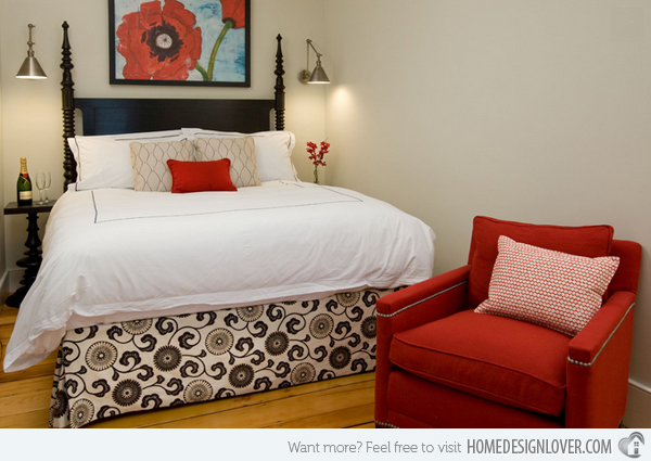 Mẫu nội thất phòng ngủ cuối cùng hạn chế sử dụng màu đen trong trang trí để làm nổi bật màu đỏ trong căn phòng.