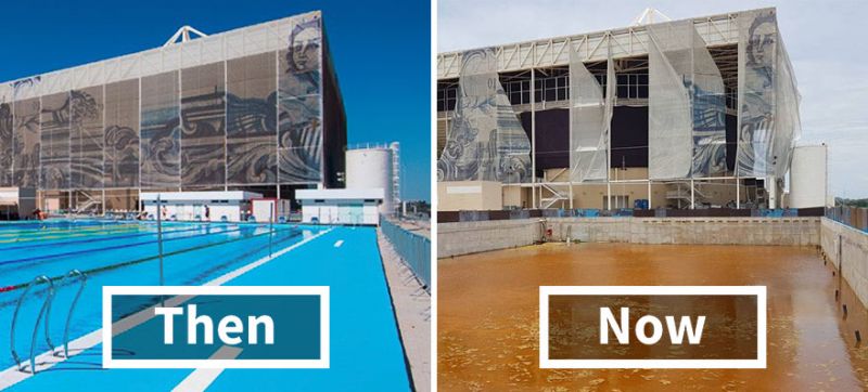 Khu vực thi đấu của các bộ môn dưới nước khi Thế vận hội diễn ra và hiện tại