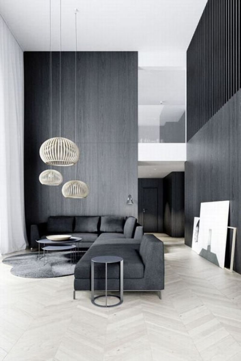 Mẫu nội thất phòng khách sàn gỗ với các hình dáng vuông vức tạo ra vẻ đẹp của cuộc sống hiện đại