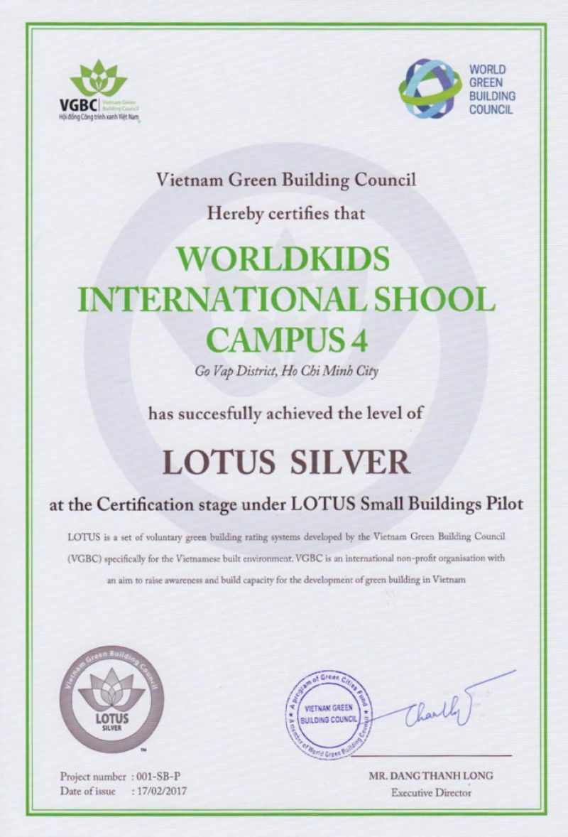 Chứng nhận LOTUS Small Building do VGBC trao cho Cơ sở 4 của Hệ thống trường mầm non quốc tế WorldKids tại quận Gò Vấp, TP.HCM