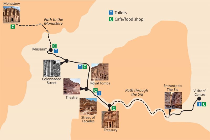 Dù quãng đường từ cửa vào khu di tích đến đền cuối cùng của Thành cổ Petra kéo dài gần 10km nhưng khách tham quan vẫn phải đi bộ hoặc đi ngựa, lừa để tránh gây ảnh hưởng đến di tích