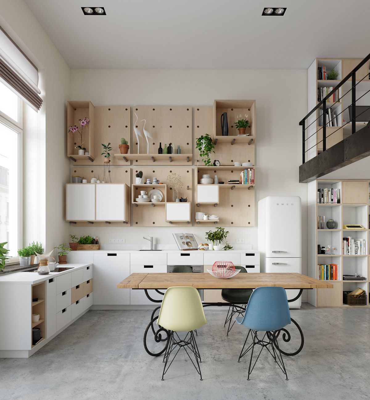 Trong căn bếp, giá treo trên tường có sự khác biệt chính là điểm nhấn trong cả không gian Scandinavian này.