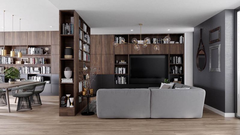 Một tủ sách cũng có thể tạo ra sự lôi cuốn, hấp dẫn cho bức tường như ở mẫu nội thất phòng khách này