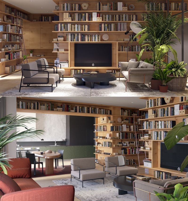Một giá sách có thể được xây dựng theo một thiết kế đặc biệt định sẵn cùng lúc xây dựng bản vẽ cho ngôi nhà. Bạn có thể tạo ra một không gian treo TV, để các đồ trang trí khác một cách hòa hợp đến hoàn hảo với những cuốn sách.
