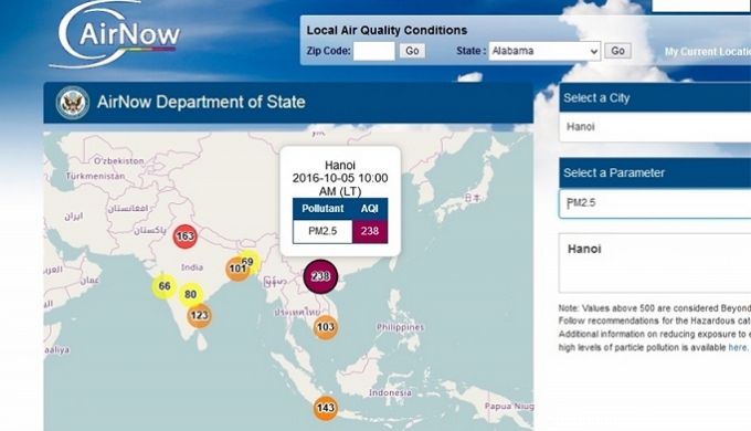 Số liệu mới nhất về tình trạng ô nhiễm không khí tại Hà Nội trên trang web Airnow của Bộ Ngoại giao Mỹ (chú ý: số liệu liên tục được cập nhật theo thời gian thực)