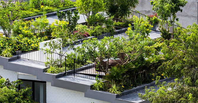KTS Võ Trọng Nghĩa và Masaaki Iwamoto thiết kế khu vườn trên cho biệt thự 2 tầng tọa lạc tại thành phố biển. Mảng xanh lên tới 50% diện tích khu đất 492 m2. Mái được chia thành những nhịp xếp tầng như bậc thang.