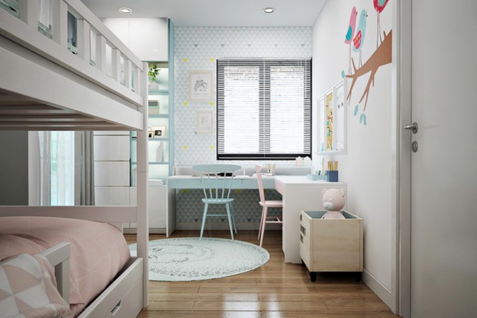 Phòng ngủ của các con bố trí sẵn cả bàn học. Các bậc thang lên giường tầng cũng là chỗ để đồ cho bé.