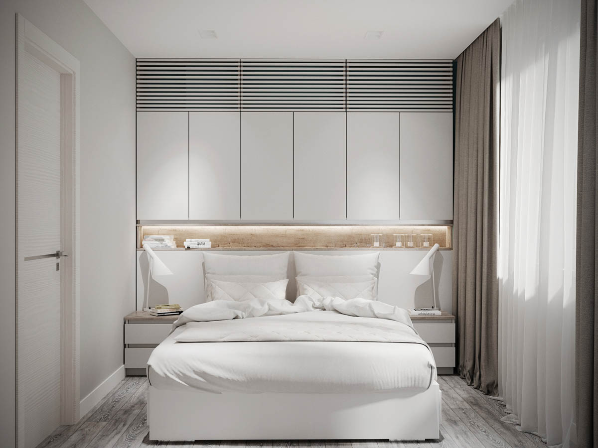 Trong phòng ngủ, nơi mà màu xám có thể tạo nên cảm giác quá u buồn thì bạn có thể sử dụng tông trắng sáng để cân bằng.