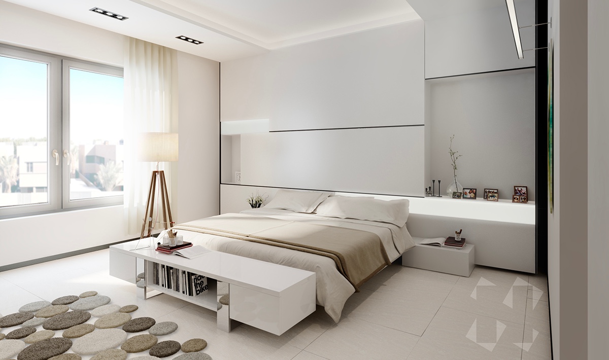 Kết hợp màu trắng với một vài tông màu trung tính cũng là sự lựa chọn tinh tế cho phòng ngủ. Ở đây, nhà thiết kế đã mang một số màu xám và nâu vào không gian, tạo nên cảm giác ấm áp hơn.
