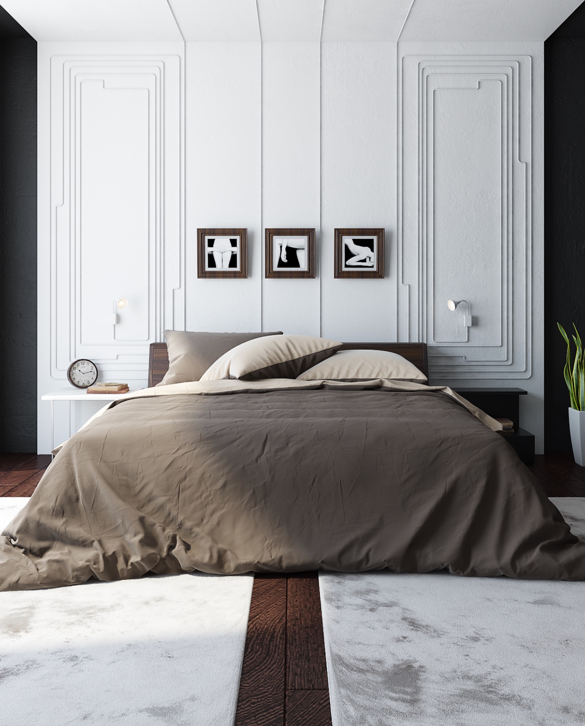 ách ngăn Victorian chính là điểm nhấn cho căn phòng này. Đặc điểm cổ điển của mẫu thiết kế này cùng mảng màu trắng rất hòa hợp với tông nâu trầm của sàn nhà và chiếc giường ngủ cỡ lớn.