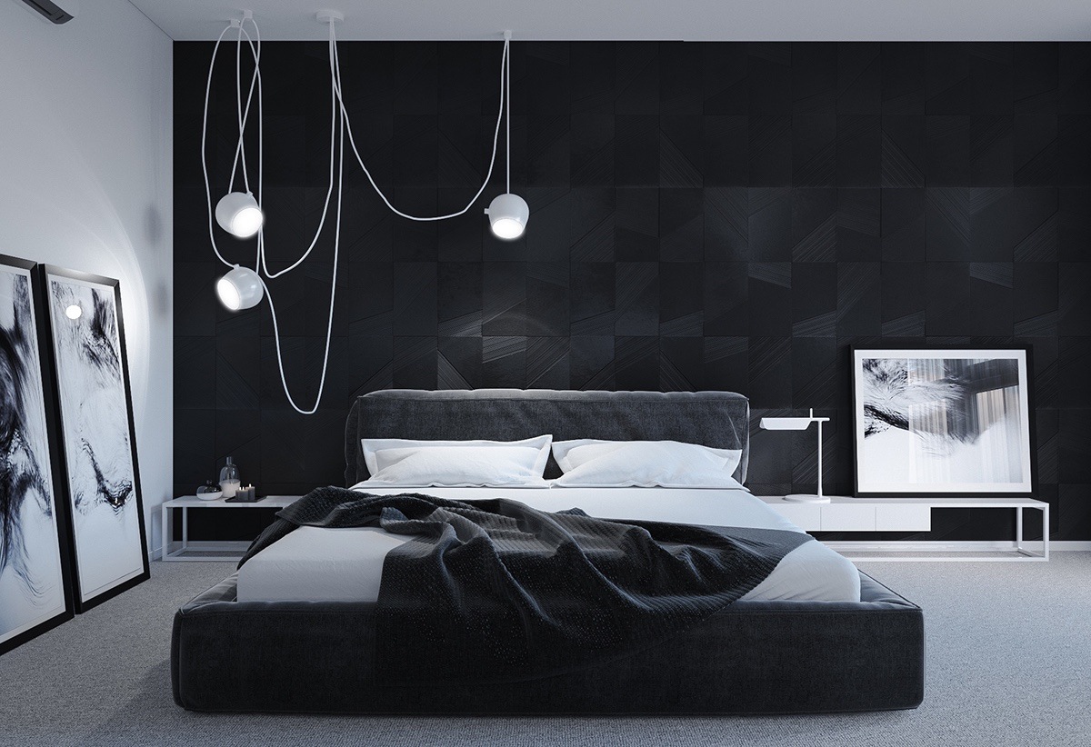 Sử dụng tranh treo tường cũng là một lựa chọn tinh tế cho một căn phòng ngủ tông màu đen trắng. Trong trường hợp này, việc lựa chọn đèn phòng ngủ cũng cần hết sức cẩn thận