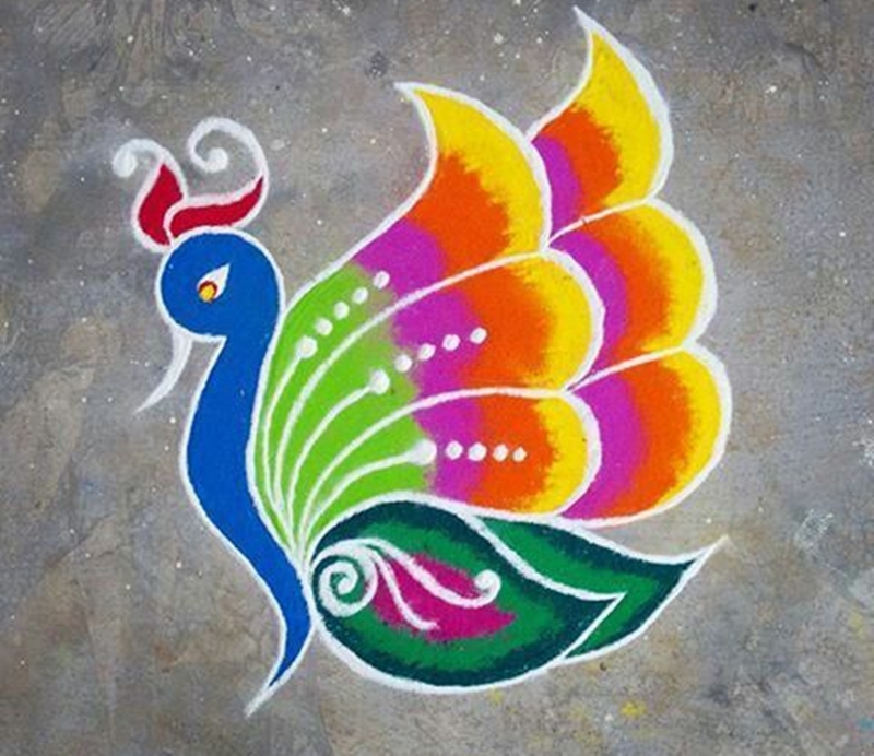 Trên con đường trước cửa căn nhà của mình, gia chủ thường cho vẽ Rangoli, những bức họa đầy màu sắc làm từ hạt gạo, cát, bột mì, hay cánh hoa nhằm cầu được may mắn cả năm.