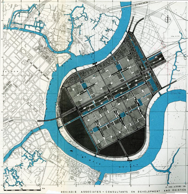 Thiết kế khu đô mới Thủ Thiêm của công ty tư vấn Doxiadis Associates. Nguồn: Doxiadis Associates (1965)