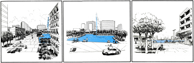 Phối cảnh của đồ án quy hoạch phát triển Thủ Thiêm năm 1972 (từ trái qua phải): Trung-tâm Chánh-Quyền, Trung-tâm Văn-hóa Giáo-dục và Khu Chợ búa. Nguồn: Wurster, Bernadi and Emmons Architects and Planners (1972).