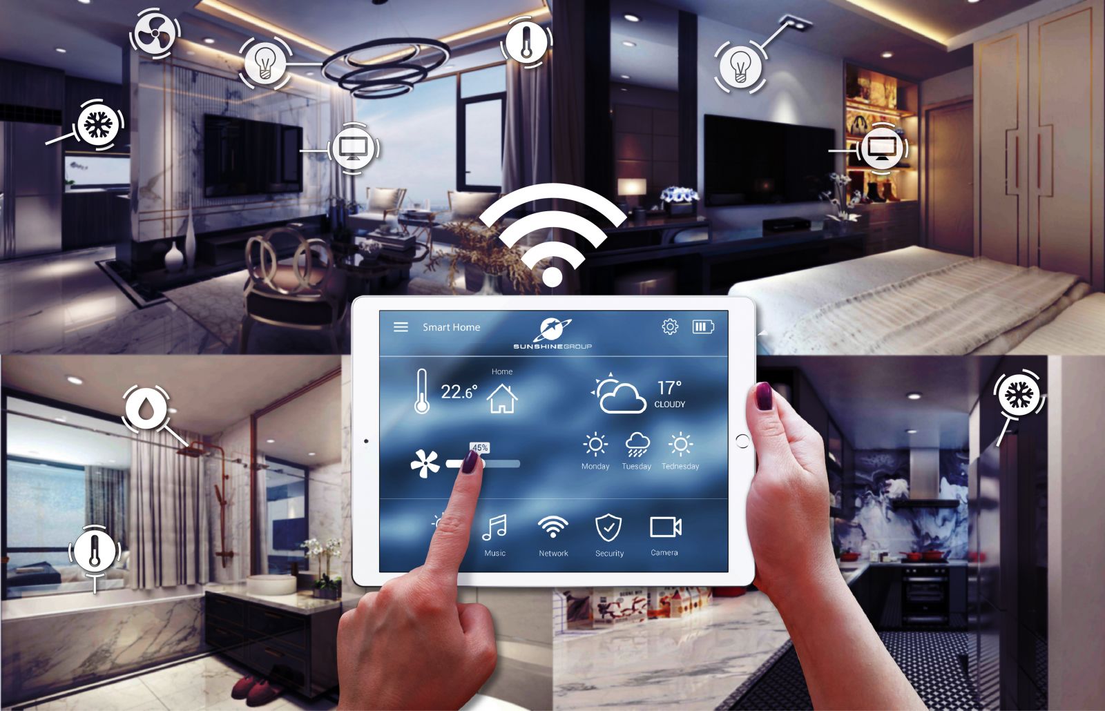 Ứng dụng Sunshine Home cho phép điều khiển toàn bộ các thiết bị điện thông minh trong căn hộ tại các dự án thuộc phân khúc cao cấp của Sunshine Group như: hệ thống chiếu sáng, điều hoà, bình nóng lạnh, rèm cửa tự động…