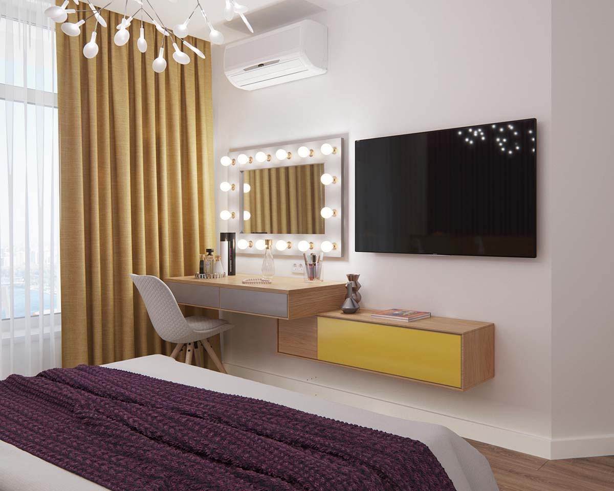 Việc lựa chọn màu tím và màu vàng cho nội thất phòng ngủ sẽ tạo nên sự ấm áp và sang trọng.