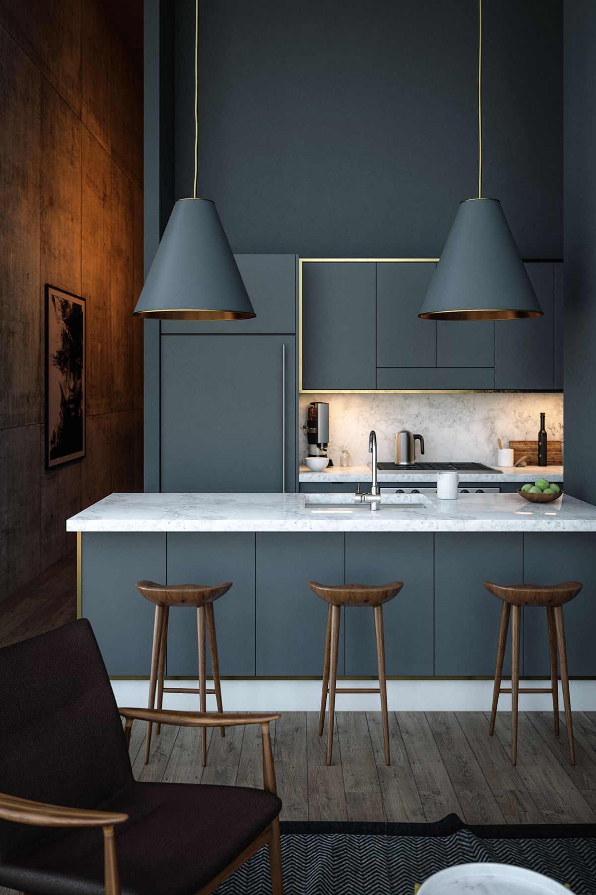 Căn bếp màu xám xanh với bàn đá cảm thạch và các chi tiết như ghế ăn, đèn chùm được đầu tư kỹ lưỡng. Cách sử dụng ánh sáng đèn led trong mẫu thiết kế này cũng đặc biệt ấn tượng.