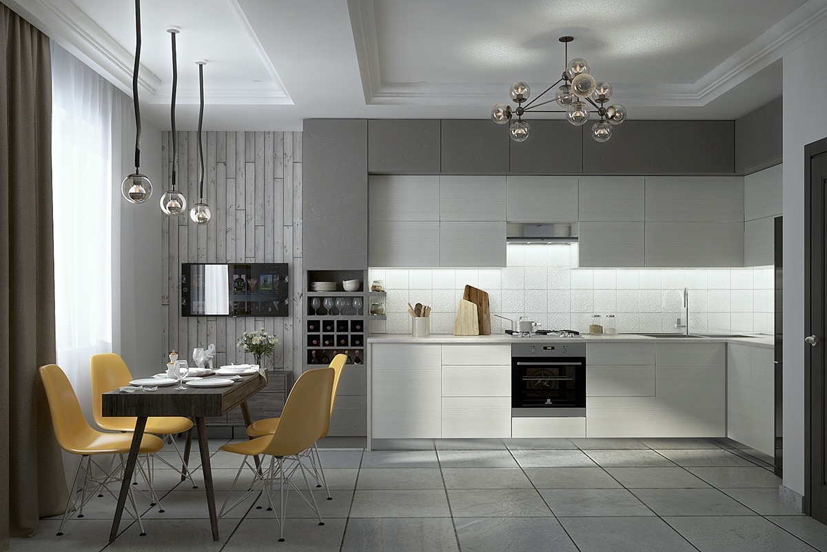 Sự đồng điệu về họa tiết sàn và tủ bếp cùng ánh sáng được sử dụng một cách khéo léo cũng tạo nên điểm nhấn cho căn bếp màu xám này.