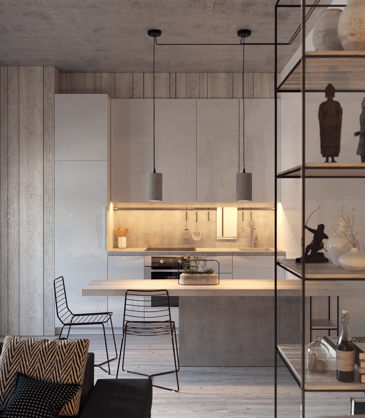 Các căn bếp nhỏ tưởng chừng chỉ có thể dùng các tông màu sáng, nhưng trên thực tế, màu xám nhạt cũng là một lựa chọn tối ưu.