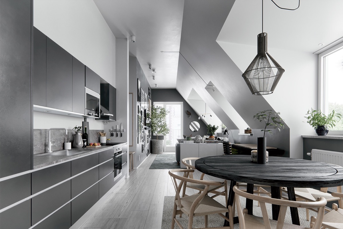 Cả căn bếp chính được tạo nên từ bộ tủ màu than với bề mặt phẳng và hiện đại.