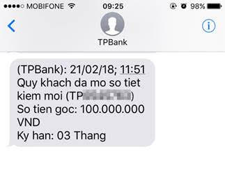Tin nhắn thông báo số dư STK gửi cho khách hàng tại TPBank