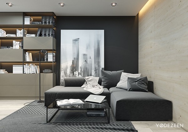 Căn hộ này là một thiết kế của YØ DEZEEN, phong cách đơn sắc hiện đại kết hợp với các bức tường được lát ván ép. Việc bố trí phòng khách nhỏ gọn tạo ra tiêu chuẩn cho các giải pháp tiết kiệm không gian thông minh.