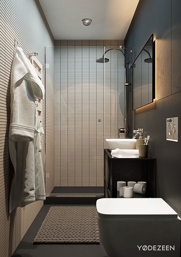 Tường ốp gạch ngang tạo cảm giác phòng tắm rộng hơn hẳn so với thực tế. Sự sắp xếp đồng đều của gạch ốm cũng tạo sự chú ý đến chiều cao của trần nhà - một lựa chọn cực kỳ thông minh và nên được áp dụng cho các nhà tắm hẹp như thế này.