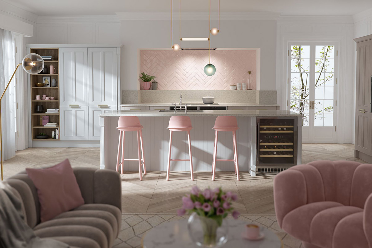 Căn bếp này thực sự trở thành một bức tranh lộng lẫy. Những chiếc ghế ăn màu hồng kết hợp cùng bộ sopha và những chiếc cốc, ly hồng xĩnh xắn.