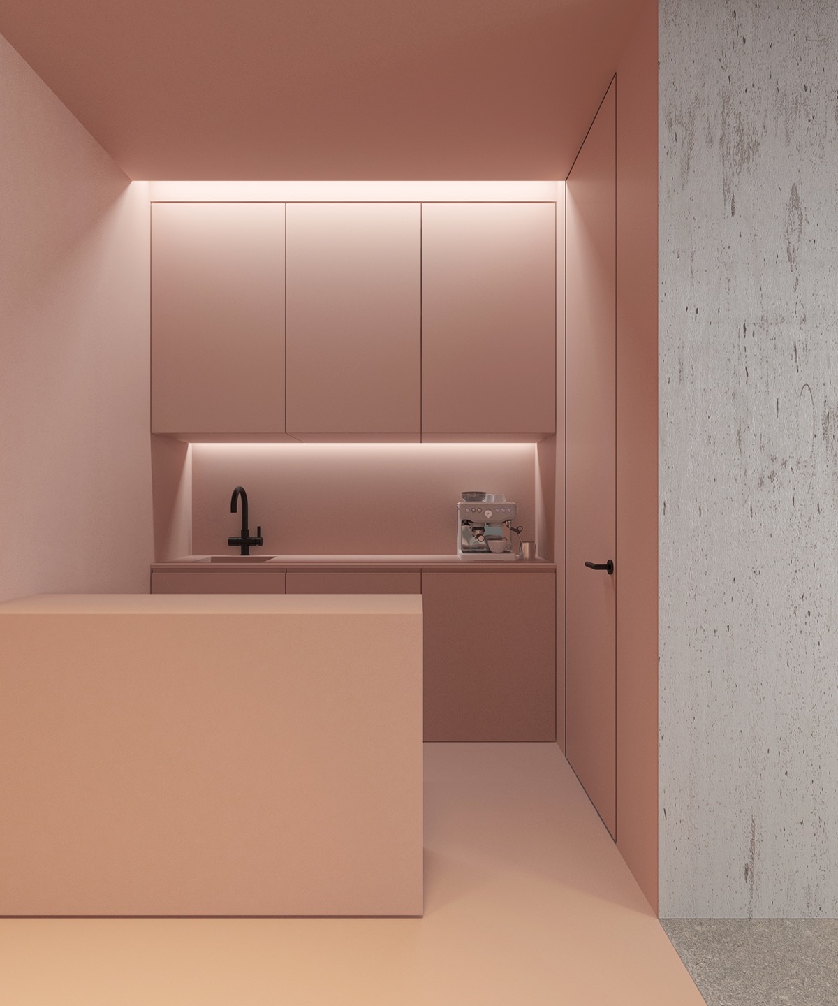 Có rất nhiều tông màu hồng, vì vậy việc lựa chọn màu hồng nào phù hợp cho căn bếp nhà mình lại là chuyện không hề dễ dàng. Căn bếp theo phong cách tối giản - minimalist trong bức ảnh này đã tận dụng rất khéo léo các khoảng bóng đổ. Dải đèn chạy dọc trên trần nhà và dưới tủ bếp cũng giúp tạo cảm giác gia tăng kích thước.