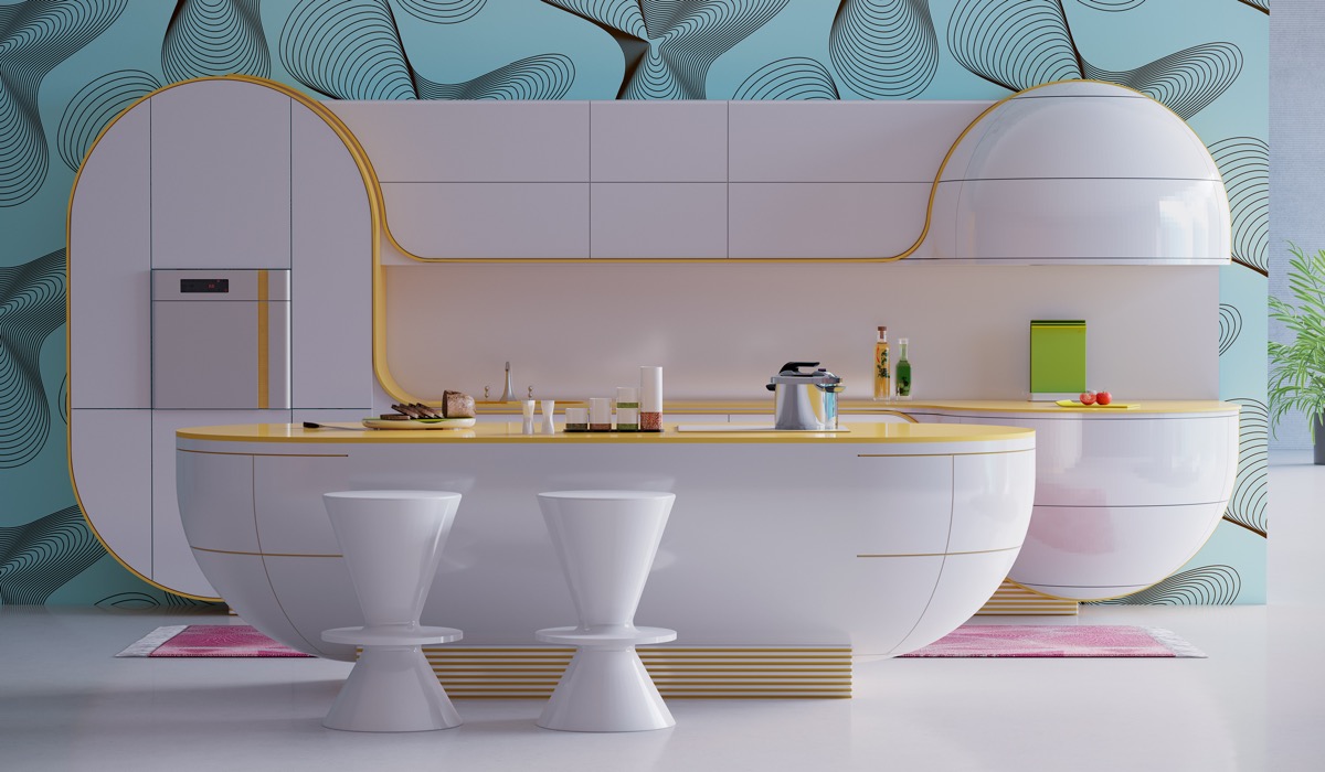 Thiết kế nhà bếp đầy cảm hứng này cho thấy cách bạn có thể sử dụng màu hồng tinh tế chỉ bằng cách phản chiếu một tấm thảm hoặc một sàn bếp màu hồng lên bề mặt những nội thất sáng bóng màu trắng.