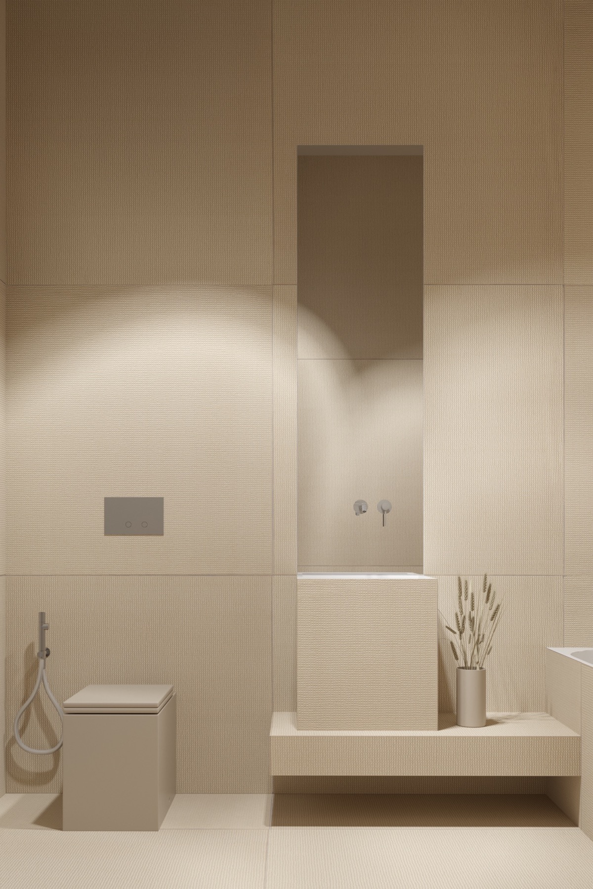 Bên cạnh màu trắng, tông beige này cũng được sử dụng nhiều khi nhắc đến phong cách tối giản. Phòng tắm này gần như đã đạt đến độ tối giản tuyệt đối với rất ít vật dụng được bày ra. Dù vậy thiết kế nội thất phòng tắm này vẫn cực thu hút thị giác.