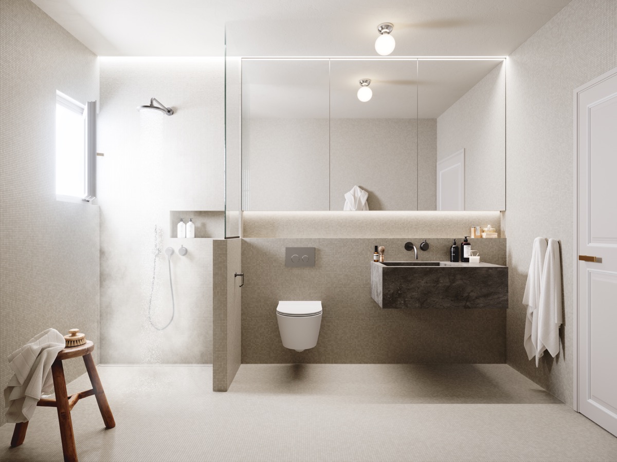 Thiết kế nội thất phòng tắm này được áp dụng tinh tế 3 sắc thái của một tông màu. Cực kỳ ấn tượng!