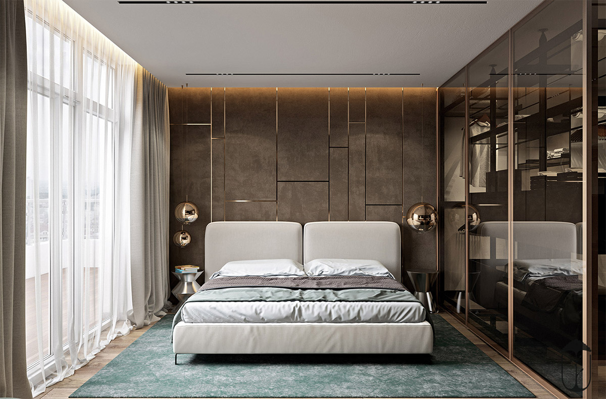 Phòng ngủ chính cũng không hề lạc điệu trong thiết kế tổng thể. Ở đây còn một chút điểm xuyết của sắc xanh đá.