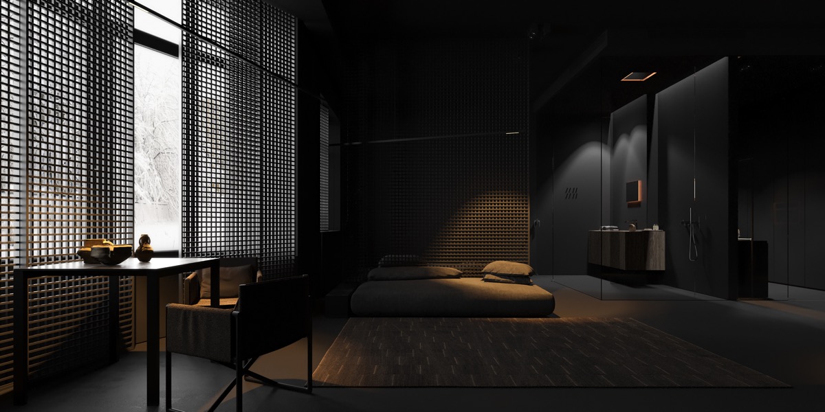 Một phòng ngủ màu đen với đồ nội thất tối giản cũng là một cách trang trí ấn tượng.